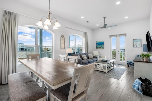 1740 S County Highway 393 # 301, Santa Rosa Beach, FL 32459 - dining area with recessed lighting, ceiling fan with notable chandelier, visible vents, and wood finished floors