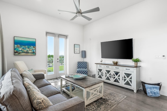 1740 S County Highway 393 # 301, Santa Rosa Beach, FL 32459 - living room featuring baseboards, wood finished floors, french doors, and a ceiling fan