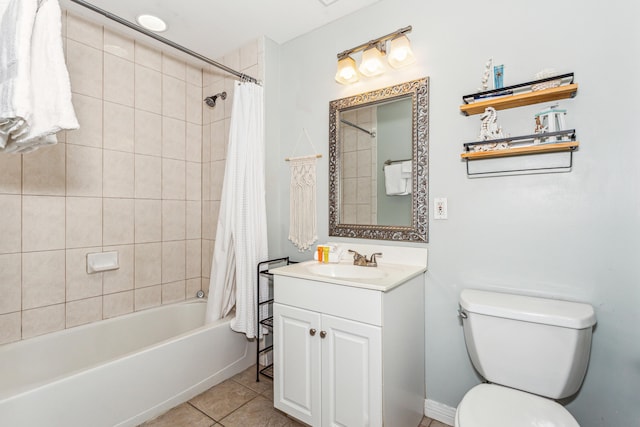 bathroom with tile patterned flooring, vanity, toilet, and shower / tub combo with curtain