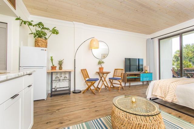 bedroom with crown molding, light wood-style floors, access to exterior, freestanding refrigerator, and wooden ceiling