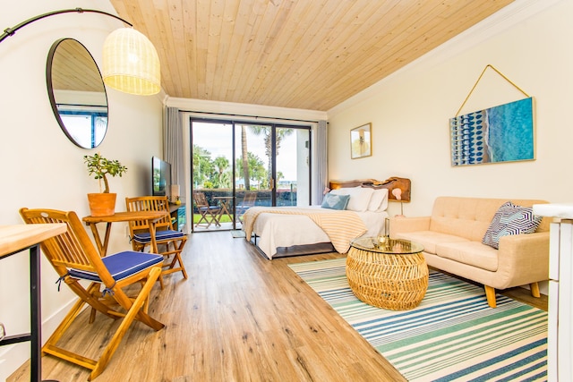 bedroom featuring ornamental molding, wood ceiling, wood finished floors, and access to exterior