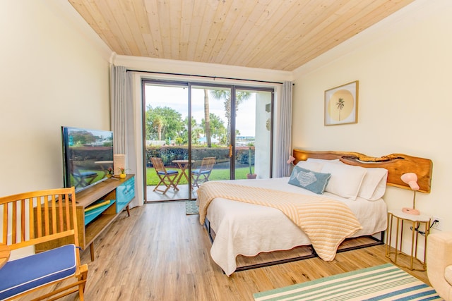 bedroom with crown molding, wood finished floors, wooden ceiling, and access to exterior