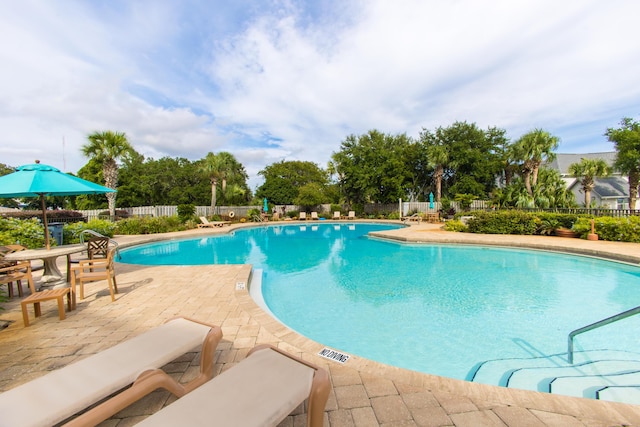 pool with a patio and a fenced backyard