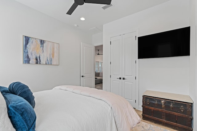 197 Suwannee Dr Lot 18, Watersound, FL 32461 - bedroom with a closet, light wood finished floors, visible vents, ceiling fan, and recessed lighting
