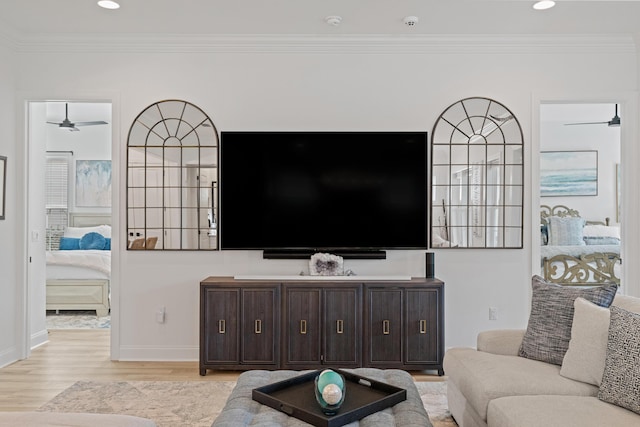 197 Suwannee Dr Lot 18, Watersound, FL 32461 - living room with recessed lighting, light wood-style flooring, ceiling fan, and ornamental molding