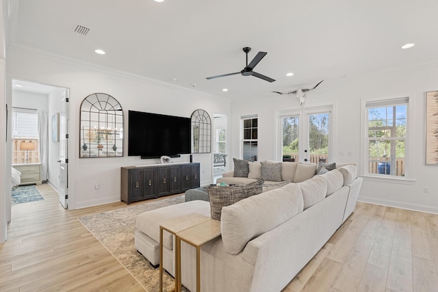 197 Suwannee Dr Lot 18, Watersound, FL 32461 - living room featuring ceiling fan, light wood-style floors, and ornamental molding
