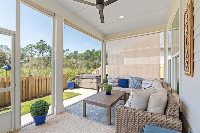 197 Suwannee Dr Lot 18, Watersound, FL 32461 - sunroom with outdoor lounge area, a jacuzzi, and ceiling fan
