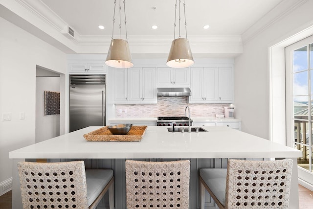 74 Town Hall Rd Unit 3B, Rosemary Beach, FL 32461 - kitchen featuring stainless steel built in refrigerator, crown molding, under cabinet range hood, and decorative backsplash