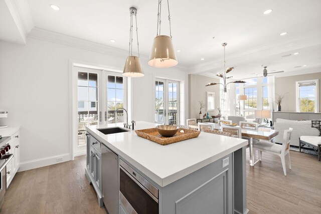 74 Town Hall Rd Unit 3B, Rosemary Beach, FL 32461 - kitchen with dishwashing machine, gray cabinets, light wood finished floors, and a sink