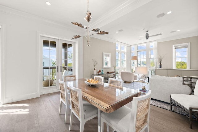 74 Town Hall Rd Unit 3B, Rosemary Beach, FL 32461 - dining room featuring crown molding, recessed lighting, french doors, light wood-type flooring, and a ceiling fan