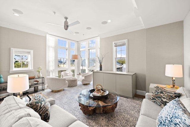74 Town Hall Rd Unit 3B, Rosemary Beach, FL 32461 - living area with a ceiling fan, ornamental molding, baseboards, and recessed lighting