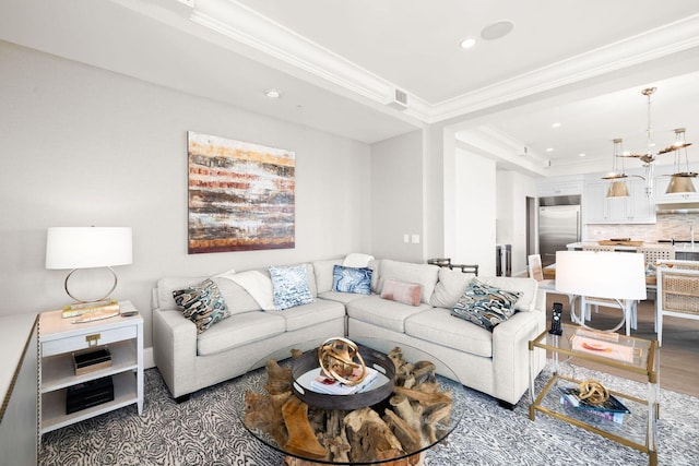 74 Town Hall Rd Unit 3B, Rosemary Beach, FL 32461 - living room featuring visible vents, wood finished floors, recessed lighting, and crown molding