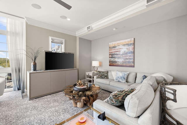 74 Town Hall Rd Unit 3B, Rosemary Beach, FL 32461 - living area with visible vents, crown molding, recessed lighting, a ceiling fan, and carpet floors