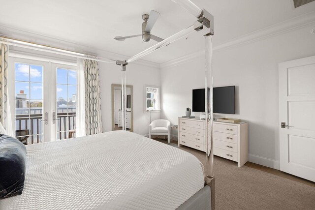 74 Town Hall Rd Unit 3B, Rosemary Beach, FL 32461 - bedroom with crown molding, french doors, access to outside, baseboards, and a ceiling fan