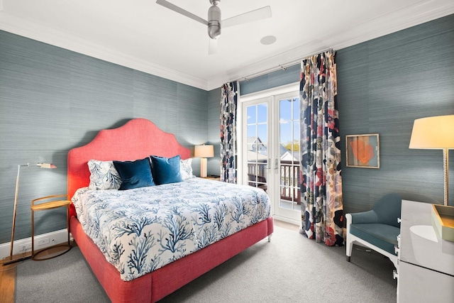 74 Town Hall Rd Unit 3B, Rosemary Beach, FL 32461 - bedroom featuring access to outside, carpet, wallpapered walls, and crown molding