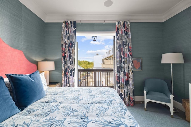 74 Town Hall Rd Unit 3B, Rosemary Beach, FL 32461 - carpeted bedroom featuring baseboards, crown molding, and access to outside
