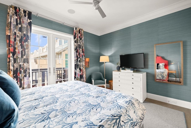 74 Town Hall Rd Unit 3B, Rosemary Beach, FL 32461 - bedroom featuring crown molding, baseboards, wallpapered walls, access to exterior, and ceiling fan
