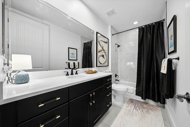 bathroom with visible vents, shower / bath combo with shower curtain, marble finish floor, vanity, and toilet