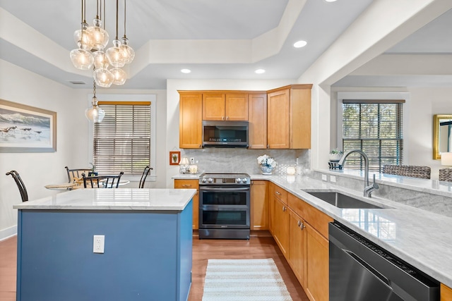 kitchen with backsplash, wood finished floors, a sink, stainless steel appliances, and recessed lighting