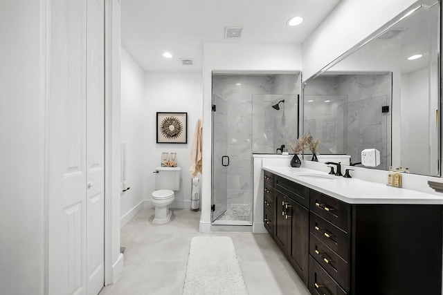 full bath with toilet, recessed lighting, a shower stall, and vanity