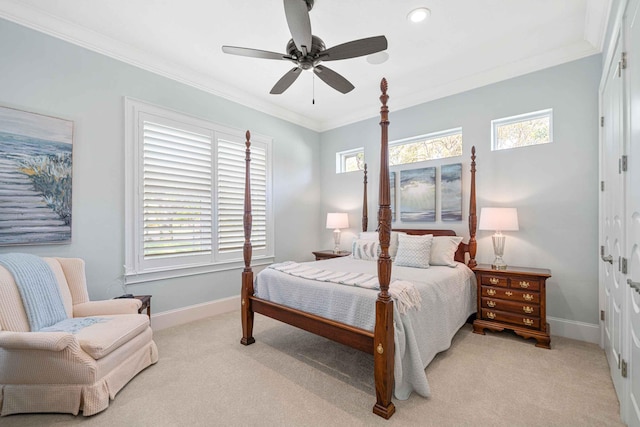 bedroom featuring light carpet and crown molding