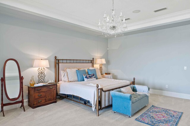 bedroom featuring baseboards, ornamental molding, an inviting chandelier, and a raised ceiling