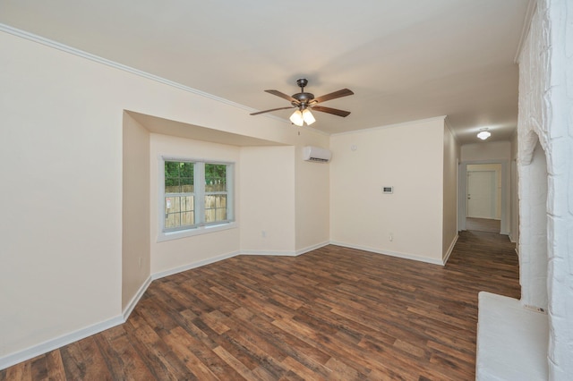 375 N Norwood Rd, Defuniak Springs, FL 32433 - unfurnished room featuring a wall unit AC, crown molding, ceiling fan, dark wood finished floors, and baseboards