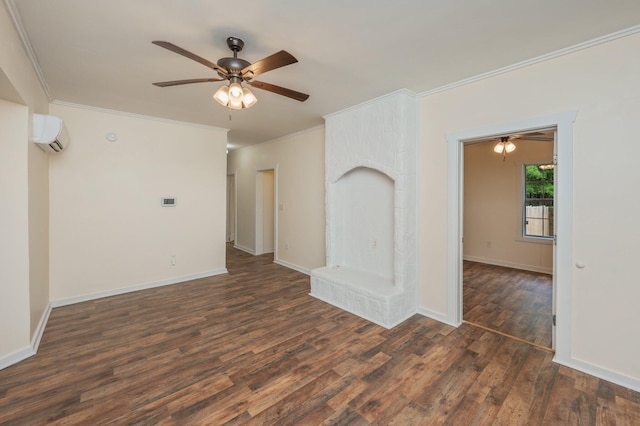 375 N Norwood Rd, Defuniak Springs, FL 32433 - empty room featuring crown molding, a ceiling fan, dark wood-type flooring, a wall mounted air conditioner, and baseboards