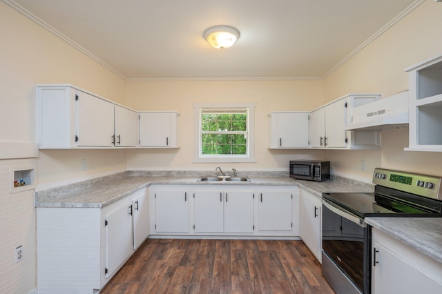 375 N Norwood Rd, Defuniak Springs, FL 32433 - kitchen with appliances with stainless steel finishes, under cabinet range hood, a sink, crown molding, and dark wood-style flooring
