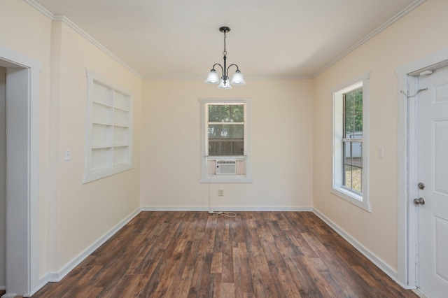 375 N Norwood Rd, Defuniak Springs, FL 32433 - unfurnished dining area featuring a chandelier, dark wood-style flooring, built in features, ornamental molding, and baseboards
