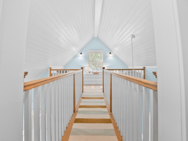 253 Salt Box Ln, Watersound, FL 32461 - staircase featuring vaulted ceiling and wooden ceiling