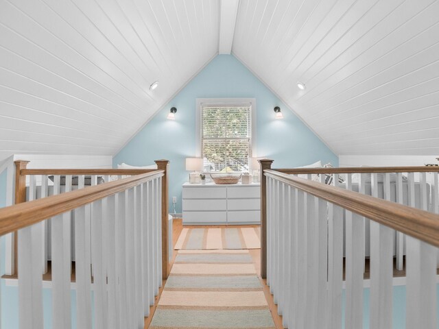 253 Salt Box Ln, Watersound, FL 32461 - staircase with vaulted ceiling and wooden ceiling