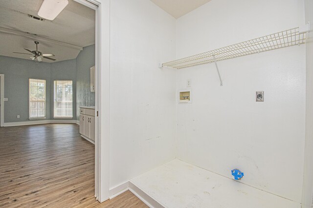 laundry area featuring hookup for a washing machine, light wood finished floors, baseboards, a ceiling fan, and electric dryer hookup