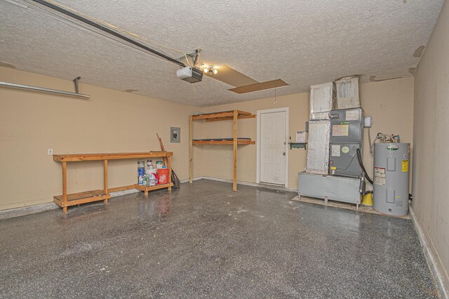 garage with heating unit, a garage door opener, electric water heater, and baseboards