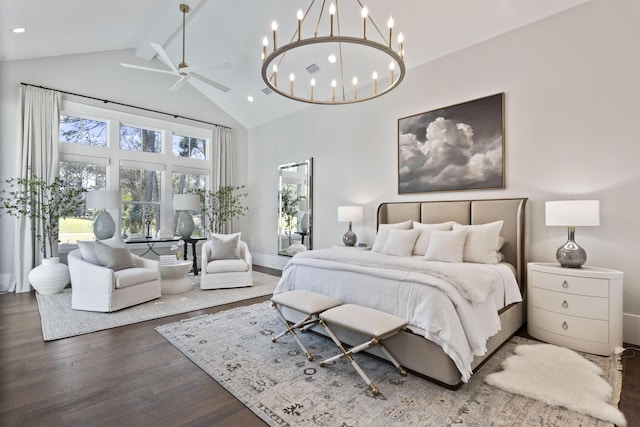 bedroom with recessed lighting, beamed ceiling, baseboards, high vaulted ceiling, and dark wood-style flooring