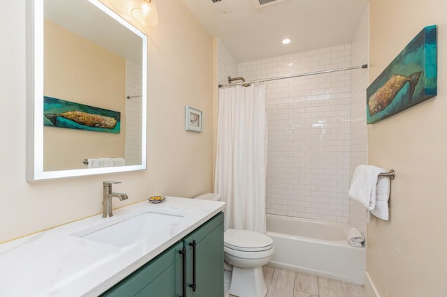 full bath featuring shower / bath combination with curtain, toilet, vanity, and visible vents