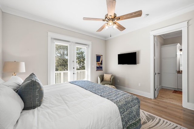 bedroom featuring baseboards, light wood-type flooring, ornamental molding, a ceiling fan, and access to exterior