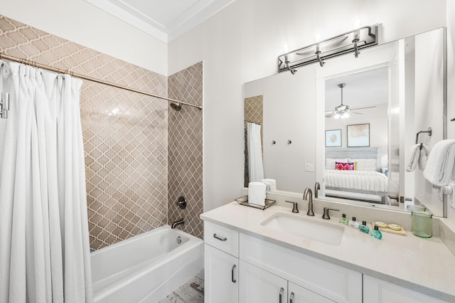 full bath with shower / bath combination with curtain, ceiling fan, crown molding, connected bathroom, and vanity