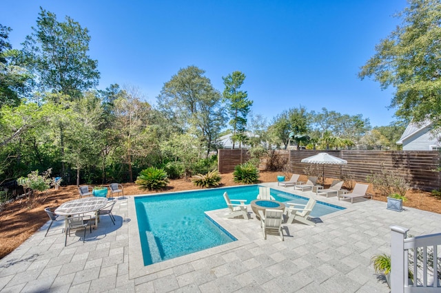 view of swimming pool featuring a fenced in pool, a patio area, and fence