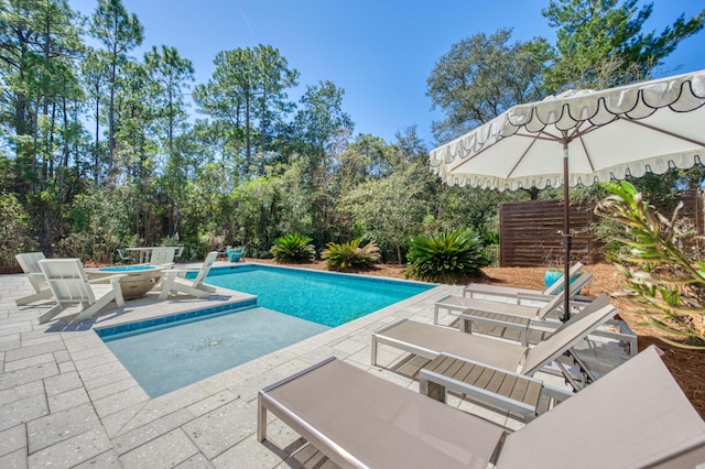 view of swimming pool with a patio area and a fire pit