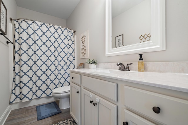 bathroom with vanity, toilet, wood finished floors, and a shower with shower curtain
