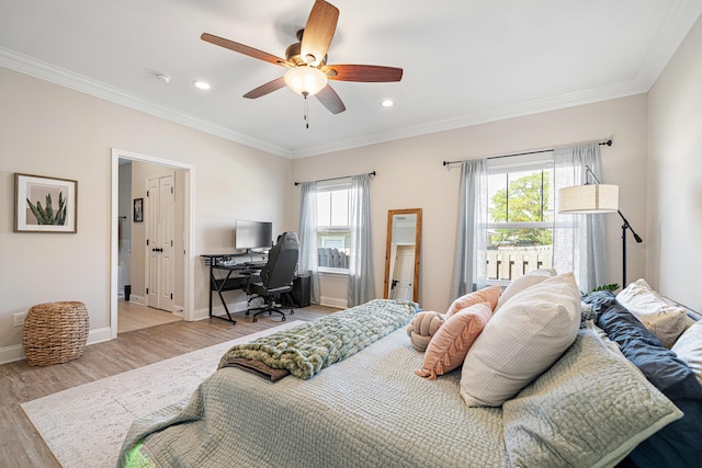 bedroom featuring ornamental molding, light wood-style floors, baseboards, recessed lighting, and a ceiling fan