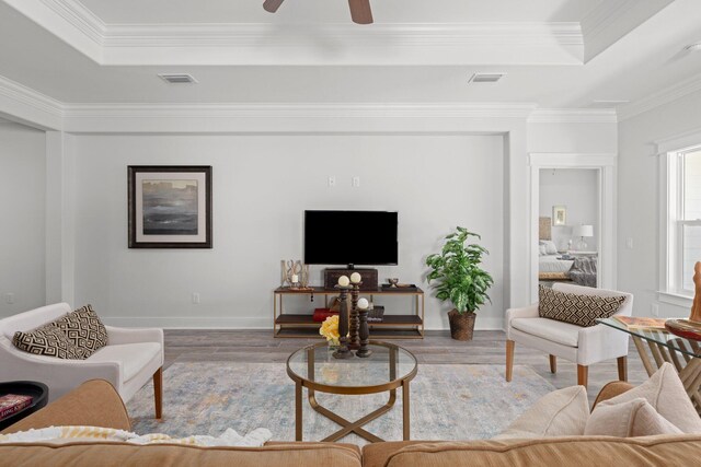 213 N Wells St, Panama City Beach, FL 32413 - living room featuring wood finished floors, a raised ceiling, and visible vents