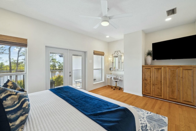 10 Mar A Lago Blvd # 14, Santa Rosa Beach, FL 32459 - bedroom with a ceiling fan, french doors, access to exterior, visible vents, and light wood-type flooring