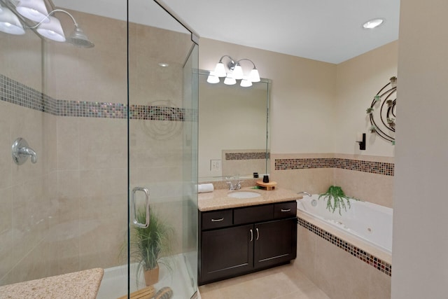 5 Calhoun Ave Unit 208, Destin, FL 32541 - bathroom with a shower stall, a bath, radiator heating unit, vanity, and tile patterned flooring