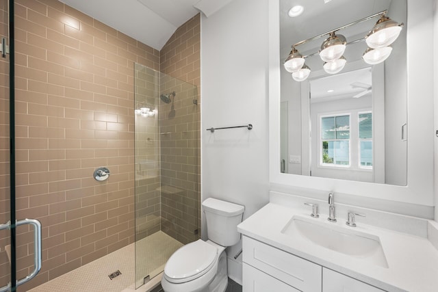 bathroom with toilet, a stall shower, and vanity