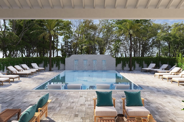 view of pool with a patio area, a fenced in pool, and fence