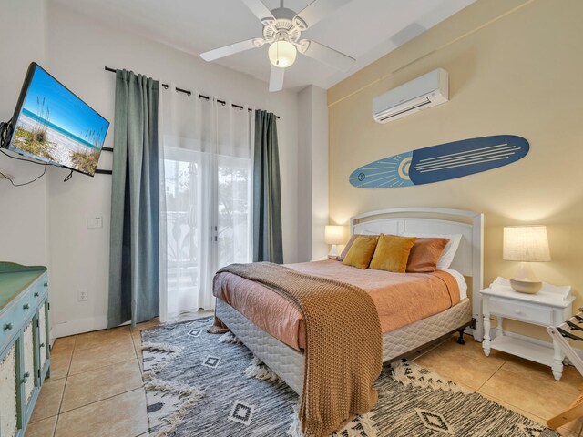bedroom featuring ceiling fan, a wall mounted AC, light tile patterned floors, and access to exterior