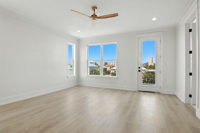 162 Casting Lake Rd, Miramar Beach, FL 32550 - empty room featuring ornamental molding, plenty of natural light, ceiling fan, light wood finished floors, and recessed lighting