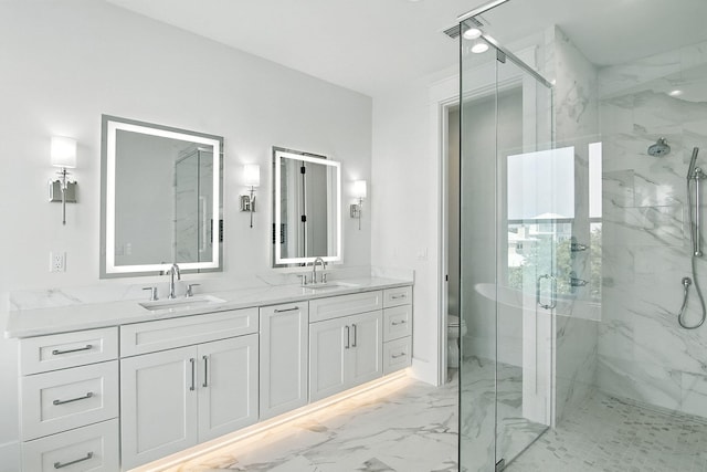 162 Casting Lake Rd, Miramar Beach, FL 32550 - full bath featuring marble look tile flooring, a marble finish shower, and double vanity